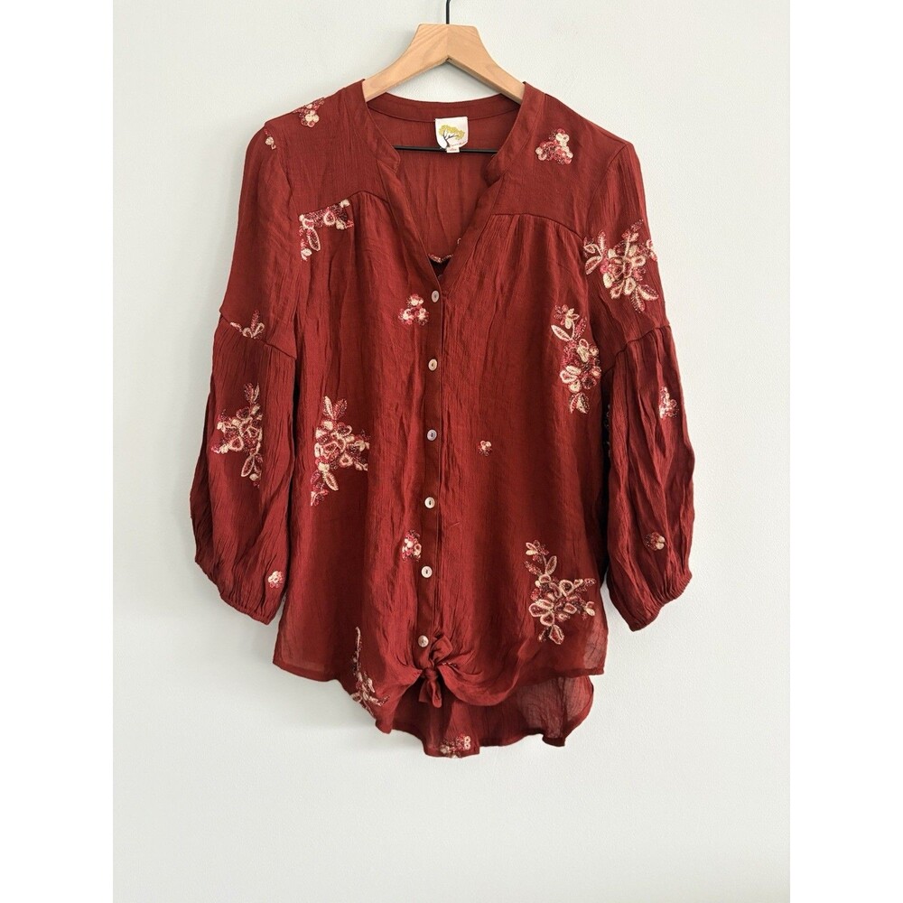 Fig And Flower Top Womens Large Maroon Embroidered Floral Long Sleeve Button up